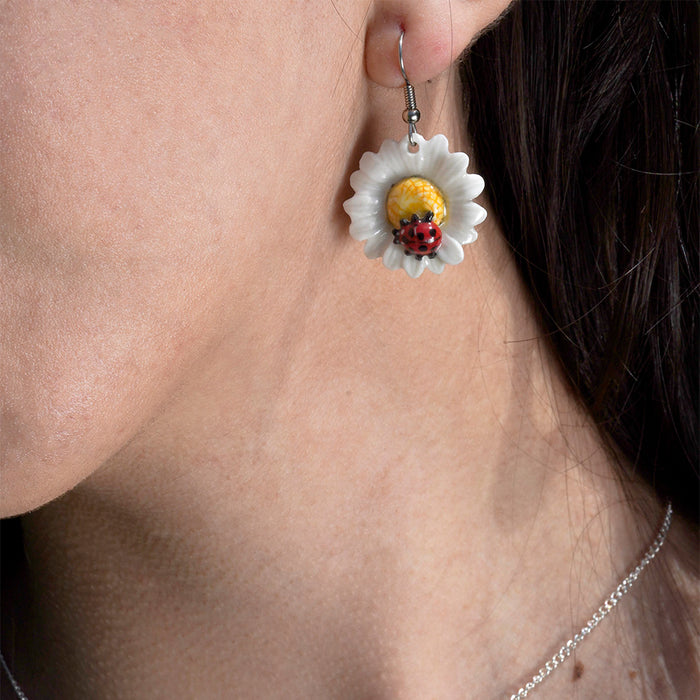 Ladybug on Daisy Porcelain Earrings